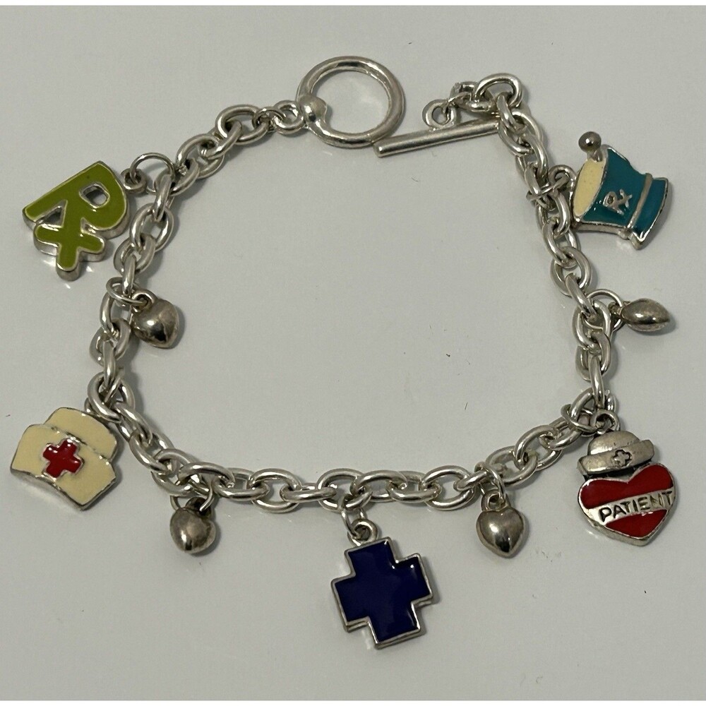Sterling Silver VTG RN Nursing Charm Bracelet W/ 5 Sterling Silver Charms